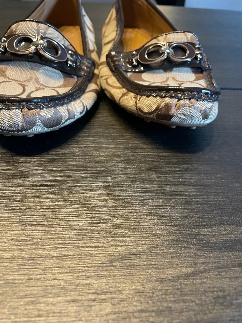 Coach Tan & Brown Signature Canvas Loafers with Metal Bit